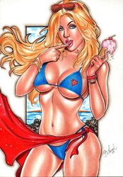 1girls 2019 big_breasts bikini blue_bikini blue_bikini_bottom blue_bikini_top blue_bra blue_eyes blue_panties blue_thong bra bracelet bracelets breasts bruna_monreal busty cape cherry dated dc dc_comics ed_benes_studio eyeshadow female female_only finger_to_mouth ice_cream ice_cream_cone kara_zor-el large_breasts licking_finger lipstick looking_at_viewer makeup mascara panties pink_lips pinup red_cape red_sash sash signature smile solo strawberry_ice_cream sunglasses sunglasses_on_head supergirl supergirl_bikini superman_(series) thighs thong traditional_media watch rating:Questionable score:33 user:JackieEstacadoThrowaway