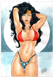 1girls 2019 anilton_freires arms_up bikini bikini_bottom bikini_top black_hair blue_bikini_bottom blue_eyes blue_panties blue_thong bra dated dc dc_comics diana_prince earrings ed_benes_studio eyeshadow female female_only justice_league lipstick long_hair looking_at_viewer makeup mascara panties pinup red_bikini_top red_bra red_lips red_lipstick signature smile solo standing star_earrings sun thighs thong tiara traditional_media water wonder_woman wonder_woman_(series) rating:Questionable score:79 user:JackieEstacadoThrowaway