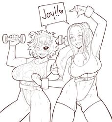 2girls alternate_costume athletic belt big_breasts black_sclera breast_grab cleavage clothed clothed_female clothes clothing cosplay costume crossover dialogue english_text female female_only fit fit_female greyscale headband horns impossible_clothes joylewds large_breasts leotard long_hair looking_at_another mina_ashido monochrome multiple_females multiple_girls my_hero_academia nefertari_vivi one_piece revealing_clothes short_hair speech_bubble sports_bra standing sweat sweatdrop sweaty uncensored underwear weightlifting weights white_background wink workout rating:Safe score:87 user:Adam666