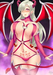 1girls bare_shoulders big_breasts blush breasts bridal_gauntlets demon_girl demon_horns demon_tail demon_wings earrings elizabeth_liones eyebrows eyelashes eyeshadow female_only fingernails hair_over_one_eye haryu_(artist) haryudanto horns huge_breasts hypnosis jewelry large_breasts long_nails looking_at_viewer makeup mind_control nail_polish nanatsu_no_taizai navel nipples_visible_through_clothing pink_eyes pubic_tattoo shiny_skin silver_hair solo succubus tail thigh_gap thighhighs thighs wings rating:Explicit score:258 user:Adam666