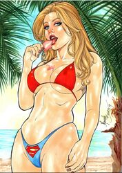 1girls 2019 beach big_breasts bikini bikini_bottom bikini_top blonde_hair blue_bikini_bottom blue_eyes blue_panties blue_thong bra breasts brown_nail_polish brown_nails busty cowboy_shot dated dc dc_comics ed_benes_studio eyelashes eyeshadow female female_only island kara_danvers kara_zor-el large_breasts licking licking_popsicle light_skin lipstick logo_panties looking_at_viewer makeup mariah_benes mascara nail_polish naughty_face ocean oral_insinuation pale_skin palm_tree panties pinup popsicle print_panties pussy red_bikini_top red_bra red_lips red_lipstick sand signature slim solo standing supergirl supergirl_panties superheroine superman_(series) thighs thong tongue tongue_out traditional_media tree water rating:Questionable score:81 user:JackieEstacadoThrowaway