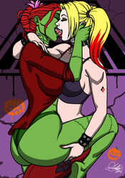 2d 2girls canon_couple dc dc_comics green-skinned_female green_skin halloween harley_quinn kaywest kissing lipstick pamela_isley pigtails poison_ivy thong tongue_kiss tongue_out yuri rating:Explicit score:166 user:JeJo