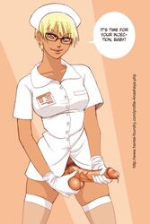 1futa anasheya balls blonde_hair blue_eyes dickgirl doctor futa_only futadom futanari glasses gloves hairy intersex looking_at_viewer nurse penis precum short_hair smile solo solo_futa talking_to_viewer testicles text veins rating:Explicit score:314 user:4EvRCool