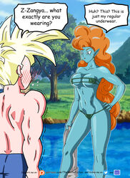 1girls alien_girl bikini blue_skin breasts dragon_ball dragon_ball_z earrings female human humanoid long_hair male micro_bikini orange_hair outdoors race_of_hera saiyan son_gohan son_gohan_(young) super_saiyan thewritefiction zangya rating:Questionable score:57 user:MisoWhoreknee