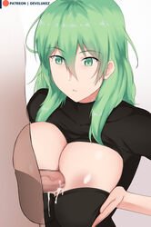 1boy 1girls absurdres breasts breasts_squeezed_together byleth_(female)_(fire_emblem) byleth_(fire_emblem) byleth_(fire_emblem)_(female) censored cleavage_cutout clothed_female_nude_male clothed_paizuri clothing_cutout cum cum_between_breasts devilukez ejaculation ejaculation_between_breasts emotionless enlightened_byleth_(female) expressionless female fire_emblem fire_emblem:_three_houses green_eyes green_hair highres huge_breasts male mosaic_censoring paizuri perpendicular_paizuri straight unseen_male_face white_background rating:Explicit score:92 user:madnax