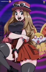 1girls blonde_hair fennekin hand_between_legs huge_breasts human kyoffie nintendo pokeball pokemon pokemon_xy pokephilia red_skirt serena_(pokemon) serena_(pokemon_games) skirt skirt_pull surprised thick_thighs rating:Questionable score:78 user:maskedhoagie