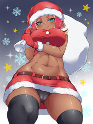 1girls agent_8_(splatoon) black_legwear black_panties black_thighhighs blue_eyes blush blushing breasts cameltoe cephalopod cephalopod_humanoid christmas christmas_outfit christmas_skirt clothing dark-skinned_female dark_skin female female_only gloves hat humanoid legwear looking_at_viewer marine marine_humanoid midriff miniskirt navel nintendo octoling panties pencil_skirt pengin_maru red_skirt santa_costume santa_hat shiny shiny_skin skirt smile solo solo_female splatoon splatoon_2 standing thick_thighs thighhighs thighs tight_skirt upskirt rating:Questionable score:137 user:WhatBroughtMeHere