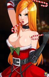 1girls areola_slip areolae belt breasts candy candy_cane candy_cane_in_mouth christmas_outfit cleavage dress eye_scar facial_scar female female_only front_view fur_trim green_eyes human katarina_du_couteau kyoffie large_breasts league_of_legends long_hair orange_hair riot_games scar slay_belle_katarina snowdown_showdown_series solo very_long_hair rating:Explicit score:64 user:GOTD101