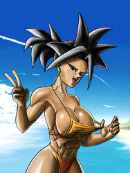 1girls abs beach black_eyes black_hair breasts dragon_ball dragon_ball_super earrings elitenappa female fusion kefla light-skinned_female light_skin muscular muscular_female open_mouth peace_sign ponytail potara_earrings saiyan short_hair solo spiky_hair swimsuit rating:Questionable score:43 user:WonderJL299