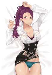 1girls big_breasts blue_panties bra brown_eyes cleavage fire_emblem fire_emblem:_three_houses garreg_mach_monastery_uniform j@ck large_breasts looking_at_viewer lying_down nintendo on_back panties petra_macneary ponytail purple_hair skirt_up solo solo_female thighs turquoise_panties rating:Explicit score:249 user:The-Black-Eagle