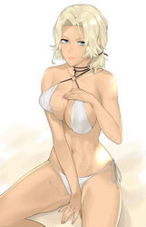 1girls beach bikini blonde_hair blue_eyes breasts catherine_(fire_emblem) dark-skinned_female dark_skin female female_only fire_emblem fire_emblem:_three_houses hair_ribbon highres j@ck long_hair looking_at_viewer medium_breasts navel nintendo ribbon simple_background smile solo solo_female sweat swimsuit tan_skin white_background rating:Questionable score:182 user:The-Black-Eagle