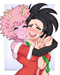 2girls afrobull after_sex ahe_gao blush drool drooling elbow_gloves female female_only gloves looking_at_viewer mina_ashido mind_break momo_yaoyorozu my_hero_academia open_mouth pink_hair pink_skin saliva tears tongue tongue_out rating:Questionable score:723 user:justausername