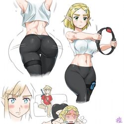 1boy 1girls 2019 abs alternate_outfit armpits ass ass_shake ass_up back belly big_breasts blonde_hair bottomwear clothing crop_top crossover electronics exercise exhausted female fully_clothed game_controller green_eyes half-closed_eyes heavy_breathing hylian joycon_controller leg_strap leggings legwear light-skinned_female light_skin link link_(breath_of_the_wild) male midriff monbetsu_kuniharu nintendo nintendo_switch nosebleed pale_skin pilates_ring pointy_ears princess_zelda ring_fit_adventure ringcon_controller short_hair simple_background spiral_eyes sportswear sweat swirly_eyes tears_of_the_kingdom text the_legend_of_zelda thighband thighs tights top-down_bottom-up topwear watermark wet white_background wide_hips yoga_pants zelda_(tears_of_the_kingdom) rating:Questionable score:613 user:gwmatt