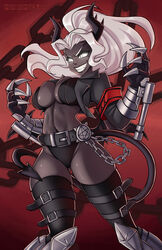 1girls belt big_breasts black_horns chains cleavage demon demon_girl demon_tail female gloves glowing_eyes grey_skin helltaker judgement_(helltaker) legwear long_hair looking_at_viewer marmewa open_clothes smile tail thighhighs white_eyes white_hair rating:Questionable score:109 user:DagobahResident