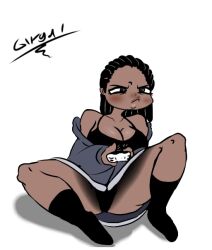  blue_hoodie dark-skinned_female focused gacha_life gaming giygal joystick oc rochelle_(giygal) squint  rating:explicit score: user:bot