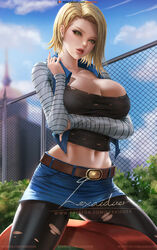 android_18 black_shirt blonde_hair breasts cleavage dragon_ball dragon_ball_z earrings green_eyes large_breasts lexaiduer nail_polish navel open_jacket skirt tagme torn_clothes torn_pantyhose torn_shirt watermark rating:Questionable score:228 user:Blookryynnn