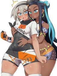 2girls abs ass bea_(pokemon) blonde_hair blue_eyes blue_hair blush bodysuit bracelet breast_grab breasts clothed dark-skinned_female dark_skin embarrassed eye_contact female game_freak gloves groping half-closed_eyes jewelry long_hair looking_at_viewer minishorts muscular muscular_female nessa_(pokemon) nintendo pengin_maru poke_ball pokemon pokemon_ss pose shirt short_hair shorts shortstack small_breasts smile source_request sweat tank_top thick_thighs thigh_gap thin_waist touching wet white_hair wide_hips yuri rating:Questionable score:216 user:Adam666