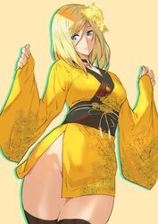 1girls ashiomi_masato blonde_hair blue_eyes choker groin guilty_gear kimono millia_rage no_panties short_kimono side_slit smile solo stockings thick_thighs thighhighs wide_hips rating:Questionable score:150 user:LegsAkimbo