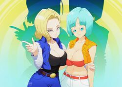 2girls alternate_version_available android_18 blonde_hair blue_eyes bulma_briefs bulma_briefs_(androids'_saga) cameltoe cleavage curvy dragon_ball erect_nipples female huge_areolae huge_ass huge_breasts liesday puffy_nipples short_hair shounen_jump thick_lips voluptuous wide_hips rating:Explicit score:149 user:Gonad