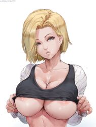 1girls alternate_version_available android_18 areola_slip areolae belly blonde_hair blue_eyes breasts clavicle cleavage crop_top curvaceous cutesexyrobutts denim denim_shorts dragon_ball female female_only gradient gradient_background hand_in_hair horny huge_breasts leaning_forward looking_at_viewer midriff milf navel one_eye_closed only_female plump shirt shirt_lift shirt_pull short_hair simple_background sitting smile solo thick_thighs thighs tongue upper_body voluptuous wide_hips wink rating:Explicit score:674 user:TwinkieLord