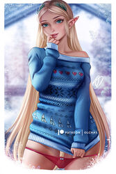 1girls blonde blonde_hair blue_eyes bow_panties breath_of_the_wild christmas_sweater demigoddess female female_only hylian looking_at_viewer nintendo olchas panties panties_down princess_zelda red_panties small_panties solo sweater the_legend_of_zelda zelda_(breath_of_the_wild) rating:Questionable score:280 user:justausername