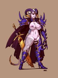 big_breasts blazbaros breasts cape chaos_(warhammer) daemonette demon_girl fishnet_legwear fishnets gauntlets gem gold_trim highres holding holding_sword holding_weapon horn_ring horns jewelry large_breasts navel nipple_piercing nipples pale_skin pauldrons piercing pointy_ears pussy red_eyes sleeves spiked_tail spikes sword tail thick_thighs thighs warhammer_(franchise) warhammer_40k weapon white_hair wide_hips rating:Explicit score:112 user:bot