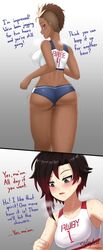 2girls alternate_version_available cslucaris dark-skinned_female dat_ass english_text female gym_uniform harriet_bree ruby_rose rwby text rating:Questionable score:138 user:GmanQ657