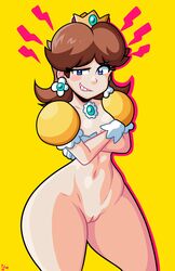 1girls 2019 alternate_version_available artist_signature blue_eyes blush bottom_heavy breasts brooch brown_hair cleavage covering covering_breasts crossed_arms crown curvy detached_sleeves earrings embarrassed eyebrows_visible_through_hair eyelashes female female_focus female_only flat_chest flat_chested flower_earrings futanari_version_available gloves grin highres horny_female jewelry light-skinned_female light_skin looking_at_viewer mario_(series) nintendo nude one_eye_closed pale_skin partially_clothed pear_shaped princess_daisy puffy_short_sleeves puffy_sleeves pussy shoulder_length_hair simple_background sleeves small_breasts smile smirking smug solo solo_female standing teeth theironmountain thick thick_thighs thighs thin_female vagina wide_hips yellow_background rating:Explicit score:106 user:LuigiRosaisy