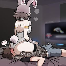 1boy 1girls alternate_version_available angry ass ass_worship assertive bare_back bare_shoulders blush breasts brown_hair bulge bunny_ears bunny_girl bunny_tail bunnysuit butt_sniffing clothed_facesitting danganronpa danganronpa_2:_goodbye_despair danganronpa_3 distracted duo electronics erection_under_clothes erection_under_clothing facesitting feet female femdom fishnet_legwear fishnet_stockings fishnet_thighhighs fishnets forced forced_oral forced_rimming forced_to_sniffing heavy_blush human legs leotard male malesub mosbles nanami_chiaki on_bed secretly_loves_it sitting skindentation straight straight_hair thick_thighs trembling wide_hips rating:Questionable score:729 user:poppet