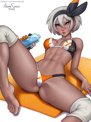 1girls abs aroma_sensei barefoot bea_(pokemon) bra breasts dark-skinned_female dark_skin feet female lying on_back panties pokemon pokemon_ss solo spread_legs thong toes toned toned_female white_hair rating:Questionable score:119 user:metalizer