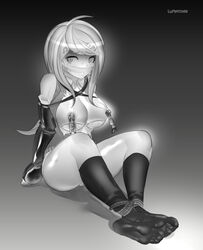 1girls ahoge akamatsu_kaede armbinder arms_behind_back bondage breasts danganronpa danganronpa_v3 female femsub gag gagged hair_ornament kneehighs lumpychan monochrome nipple_clamps smooth_skin solo stockings tied_up torn_clothes rating:Explicit score:107 user:agent437876534