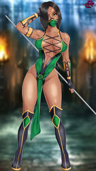 2d armband armlet black_hair boots bracelet bracers breasts ed_product edenian face_mask female fit fit_female gauntlets green_eyes jade_(mortal_kombat) jewelry knee_boots large_breasts mask mortal_kombat mortal_kombat_(2011) muscular muscular_female ninja nipple_bulge solo staff toned toned_female rating:Questionable score:88 user:Ed_product