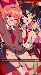 2girls backpack bag bandaid black_hair black_nails blue_eyes blunt_bangs bow bra duplicate emoji female fishnets front-tie_top garter_straps human jpeg kunio-kun kyoko_(kunio-kun) long_hair merunyaa misako_(kunio-kun) nail_polish one_eye_closed orange_hair painted_nails panties piercing ponytail river_city_girls short_hair side-tie_panties stockings text thighhighs tie tied_shirt underwear wayforward wink rating:Questionable score:207 user:MegaMoo