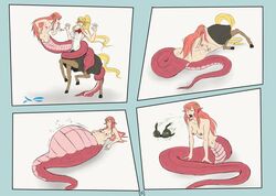 bra breasts burp burping burping_up_clothes burping_up_items centaur centorea_shianus clothing comic digestion female femdom femsub lamia miia_(monster_musume) monster_musume_no_iru_nichijou naga oral_vore simple_background skirt swallowing vore white_background yuri rating:Explicit score:109 user:ReadyforDeDeDe