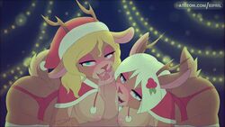 16:9 1boy 1male 2girls animated anthro anthro_on_human anthrofied antlers ass bedroom_eyes blonde_hair blowjob blue_eyes blush blushing bodily_fluids breasts butt capreoline cervid cervine christmas christmas_lights chugging clothing collaborative_fellatio deer deer_girl duo_focus eipril eyelashes eyeshadow fellatio fellatio_through_another's_paizuri female frame_by_frame fur furry group group_sex hair half-closed_eyes hat headgear headwear hips holidays horn human human_on_anthro interspecies_fuck looking_at_viewer male mammal nipples oral oral_penetration oral_sex paizuri penile penis pink_nipples questionable_animation reindeer saliva santa_hat seductive seductive_eyes seductive_look seductive_smile sex short_hair short_tail smile smiling smiling_at_viewer straight tail teamwork thick thick_ass thick_thighs thighs threesome titjob tongue white_hair wide_hips rating:Explicit score:710 user:bot