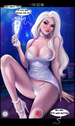 1girls alcohol alternate_breast_size aroma_sensei big_breasts biting_lip blonde_hair blue_eyes breasts camera champagne_glass choker cleavage collar dialogue disney dress drunk earrings elsa_(frozen) english_text female female_only frozen_(film) hair_down high_heels hourglass_figure large_breasts lipstick looking_at_viewer mascara nail_polish offscreen_male panties pantyshot pink_nails purse recording red_lipstick seductive_look sequin_collar sequin_dress silver_dress solo speech_bubble spread_legs stiletto_heels text thick_thighs very_high_heels voluptuous wine wine_glass rating:Questionable score:515 user:justausername