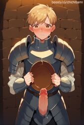  ai_generated blonde_hair blush chichibami delicious_in_dungeon dungeon_meshi erect_penis fair_skin femboy laios_touden looking_at_viewer orange_eyes self_upload short_hair shy standing  rating:explicit score: user:bot