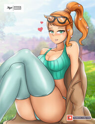 1girls alternate_breast_size alternate_outfit armpits ass bare_shoulders big_breasts blue_panties blush breasts cleavage clothed clothes eye_contact eyelashes freckles grass green_eyes hair_ornament half-closed_eyes heart huge_ass human human_only jacket large_breasts legs_up long_hair looking_at_viewer nintendo orange_hair outdoors panties patreon pokemon pokemon_ss ponytail pose shirt sitting sky smile sonia_(pokemon) sunglasses_on_head teeth text thick_thighs thighhighs thighs url watermark wide_hips yhw rating:Questionable score:80 user:YHW