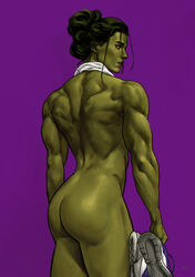 1girls ass back back_view biceps big_ass black_hair butt dima_ivanov female female_only fit fit_female green_skin hair_bun hulk_(series) looking_at_viewer looking_back marvel marvel_comics muscles muscular_back muscular_female nude rear_view she-hulk simple_background sneakers solo tasteful_nudity thick_thighs thighs towel uncensored rating:Explicit score:206 user:squooshe