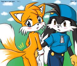 2004 anthro ass blush canine chevi clothing crossover day fox fur interspecies klonoa klonoa_(series) male male_only mammal multiple_males nude outdoors sonic_(series) standing tail tails unknown_species rating:Questionable score:2 user:bot