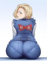 1girls android_18 ass back_view big_ass big_butt blonde_hair blue_eyes blush clothed clothing digital_media_(artwork) dragon_ball dragon_ball_z earrings eye_contact female female_focus female_only hair_over_one_eye huge_ass huge_butt jeans large_ass looking_at_viewer looking_back pantylines presenting presenting_ass short_hair simple_background sitting solo solo_female solo_focus tenguro tight_clothes tight_clothing tight_jeans tight_pants rating:Questionable score:558 user:phoenixeugene