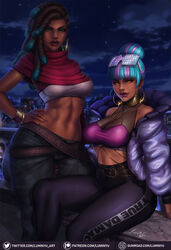 2girls abs big_ass big_butt blue_hair brown_hair butt cleavage clothed clothing dark-skinned_female dark_skin dreadlocks duo eyewear_on_head female female_focus female_only gold green_eyes hips large_ass large_breasts league_of_legends lesbian long_hair looking_at_viewer luminyu makeup multicolored_hair navel purple_hair purple_lipstick qiyana_yunalai riot_games senna_(league_of_legends) short_hair streetwear sunglasses_on_head tan-skinned_female tan_skin thick_thighs thighs true_damage_qiyana true_damage_senna true_damage_series yellow_eyes yuri rating:Safe score:199 user:drackenzo