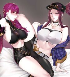 2girls akali bangs blush breasts choker cleavage clothed clothed_sex clothes clothing earrings evelynn eyeliner female hair_ornament hat hourglass_figure huge_breasts jacket jewelry jjanda k/da_akali k/da_evelynn k/da_series kimjunho large_breasts league_of_legends leg_lift lesbian long_hair looking_at_viewer makeup multiple_girls navel necklace nipple_bulge orange_eyes pale_skin parted_lips ponytail pubic_hair purple_eyes purple_hair red_hair scissoring sitting spread_legs strapless strapless_top strapless_topwear sweat tribadism tribadism_through_clothing tubetop yuri rating:Explicit score:296 user:Futanari_Neeko~