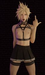 1boy 3d 3d_(artwork) androgynous blonde_hair blue_eyes cloud_strife collar crossdressing emberstock femboy final_fantasy final_fantasy_vii final_fantasy_vii_remake fishnets gay girly hard_nipples human human_only light-skinned_femboy light-skinned_male light_skin looking_at_viewer male male_focus male_only middle_finger nipple_piercing pierced_nipples skirt solo square_enix tongue_out trap uncensored yaoi rating:Questionable score:473 user:thewalkinged