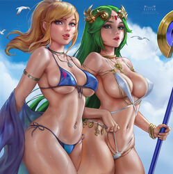 2girls bangs belly_button bikini blonde_hair blue_eyes bracelet breast_size_difference breasts cleavage female female_only green_eyes green_hair holding_object human human_only kid_icarus kittew large_breasts long_hair looking_at_viewer metroid navel navel_piercing necklace nintendo palutena piercing pokies ponytail samus_aran sideboob string_bikini super_smash_bros. sweat swimsuit thick_thighs thighs tongue_out underboob white_bikini rating:Questionable score:505 user:justausername