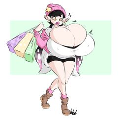 !! 1girls alternative_bust_size ankle_boots bag big_ass big_breasts breast_expansion breasts bursting_breasts callie_(splatoon) cleavage dullvivid female female_focus female_only front_view full_body hyper hyper_breasts inkling nintendo nipple_bulge pink_clothing pink_headwear pseudo_hair shopping shopping_bag shorts small_but_busty solo splatoon splatoon_2 squid_sisters startled tentacle_hair rating:Explicit score:101 user:Pingasmen