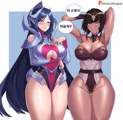 2020 2girls armor blush breasts drogod_(artist) female female_only huge_breasts irelia_xan karma_(league_of_legends) league_of_legends long_hair short_hair smile thick_thighs voluptuous rating:Explicit score:377 user:SexyAkaliii69