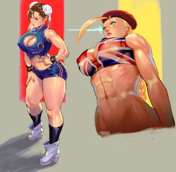 2girls abs asian big_breasts blonde_hair blue_eyes boots braided_hair breasts brown_hair cammy_white chun-li cleavage_cutout curvy female female_only kasai_x3 lejeanx3 long_hair shorts street_fighter thick_thighs union_jack union_jack_bikini rating:Safe score:136 user:Reizo40