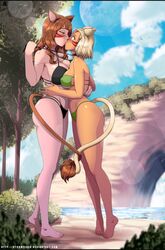 2girls cat_ears female final_fantasy final_fantasy_xiv kissing nude stormfeder surprised swimsuit tail tiptoes yuri rating:Questionable score:66 user:deleted100887