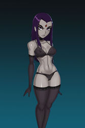 1girls alternate_hair_length between_labia black_lingerie breasts cartoon_network dc dc_comics demon_girl female female_only forehead_jewel goth grey_skin innie_pussy lingerie long_hair nipples_visible_through_clothing purple_eyes purple_hair pussy_visible_through_clothes rachel_roth raven_(dc) solo sunsetriders7 superheroine teen_titans thighhighs underwear rating:Questionable score:222 user:twilight-jester